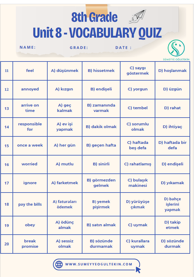 8.9 Science VOCABULARY QUIZ (20 Kelime)